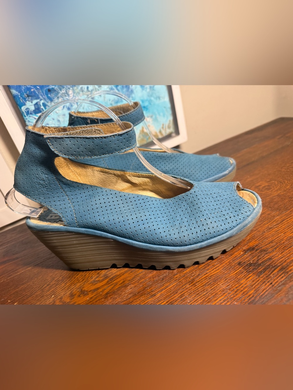 Fly London Yala Perforated Teal Blue Peep-Toe Wedge Sandals 9-9.5